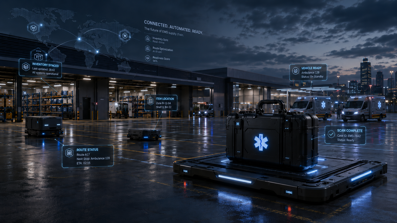 EMS crew member walking beside a ready unit