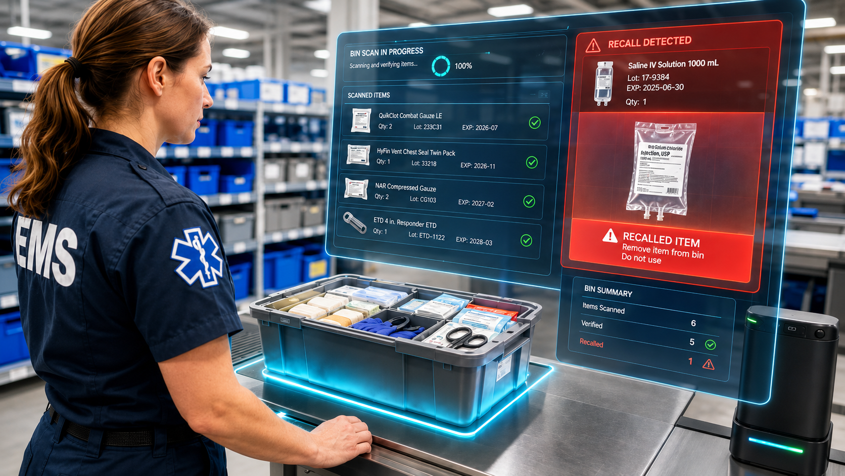 A recalled item flagged in real time during a RigOpX bin scan, alongside verified items and a bin summary